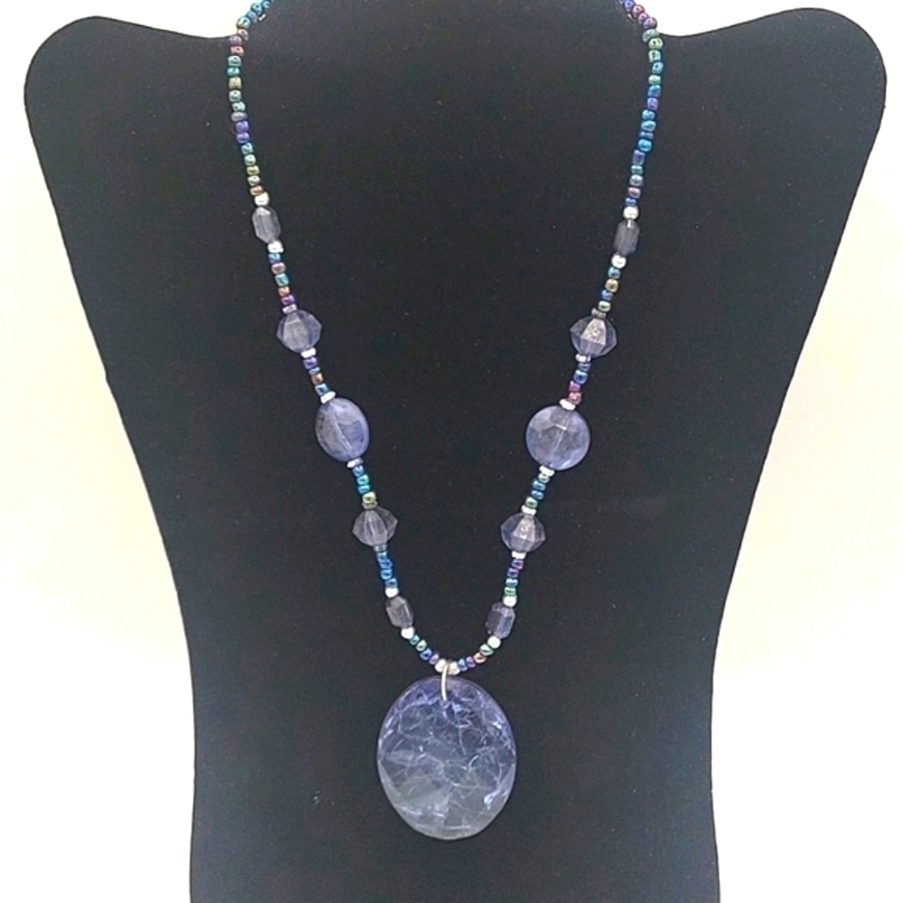 Vintage Beaded Necklace with Large Oval Medallion Blue Gray Color